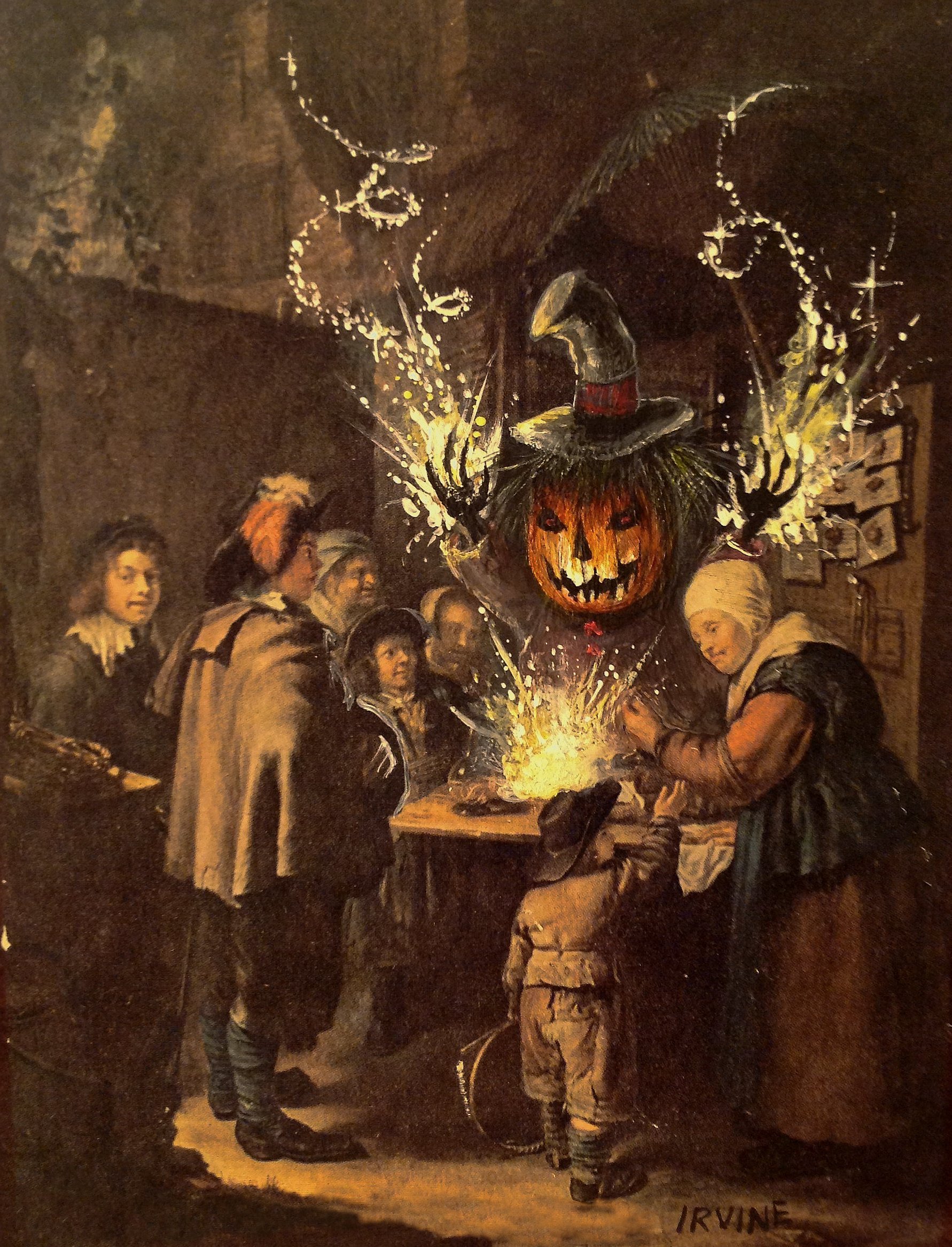 painting of seven people gathered around small table. a person with a pumpkin head has been added and appears to be doing magic with their hands. gold colors fly out from their hands.