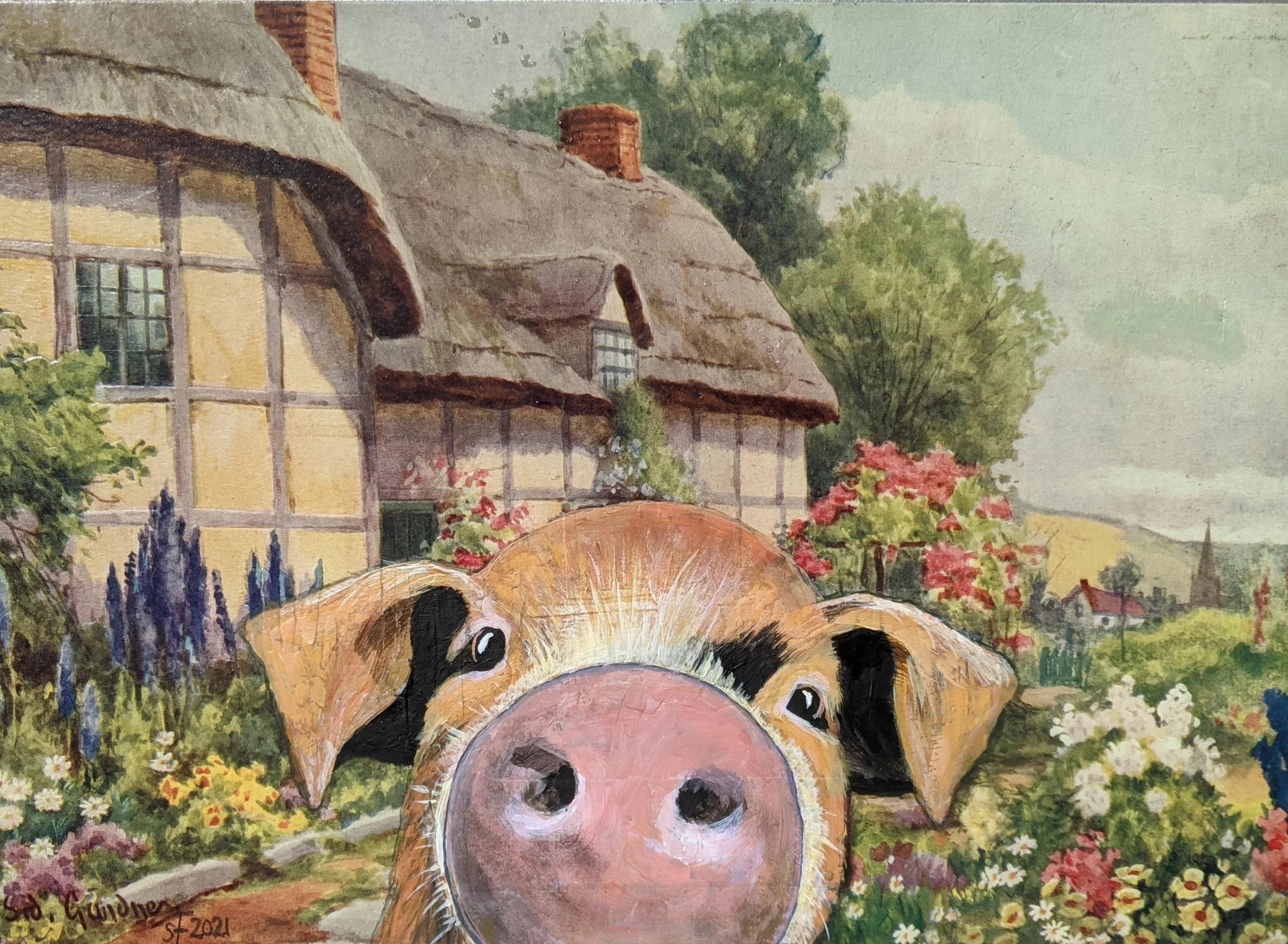 a painting with a quaint home in the background and flowers all around. a pig who is front-and-center has been added. the pig is so closeup that all that is visible is their face.