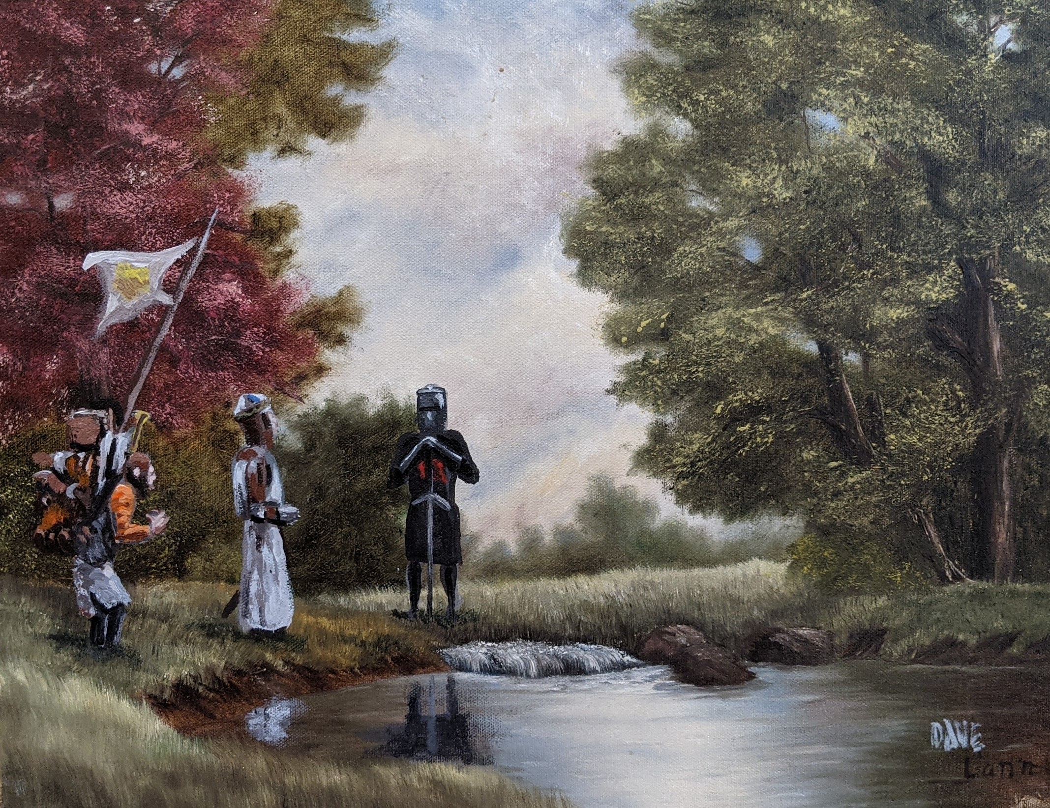 a landscape painting of a clearing in a forest with a lake. three characters from "monty python and the holy grail" have been added and are standing near the water.