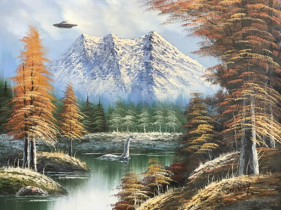 landscape with a lake, fall trees, and a snowy mountain in the distance. a ufo has been added in the sky and the loch ness monster has been added in the water at a distance. 