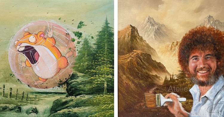 a two-photo collage. the first is a landscape painting with trees, a stream, and a small fence. a giant hamster named mr. pickle is screaming as he rolls uncontrollably in his giant ball. straight past the trees. the second is a painting of mountains with fog toward the top and a path leading their. bob ross has been added and he's holding a brush, making it look like he's painting the painting he's in.