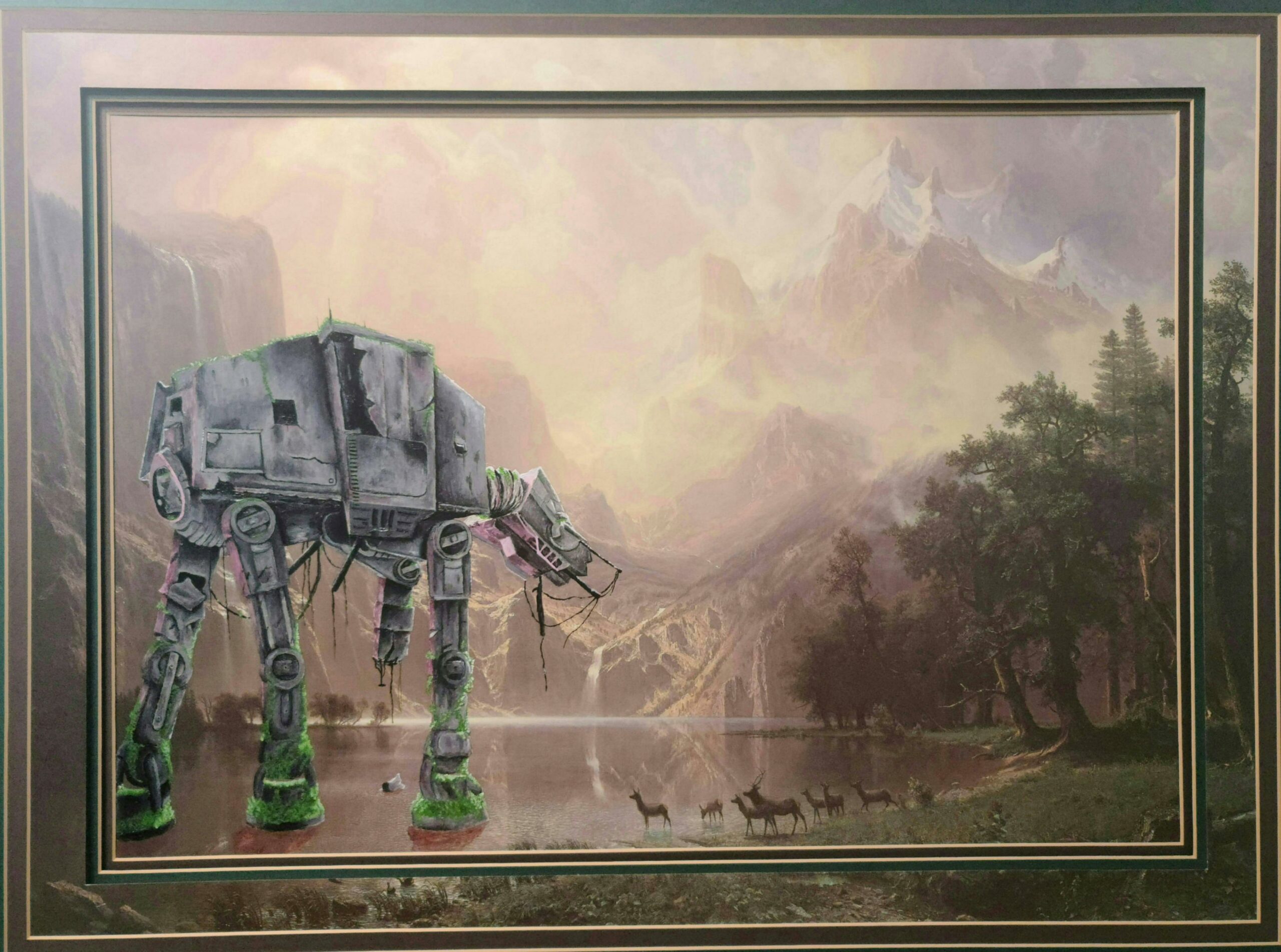 a landscape painting with trees, mountains, a lake, and deer. an at-at walker has been added and is standing in the water.