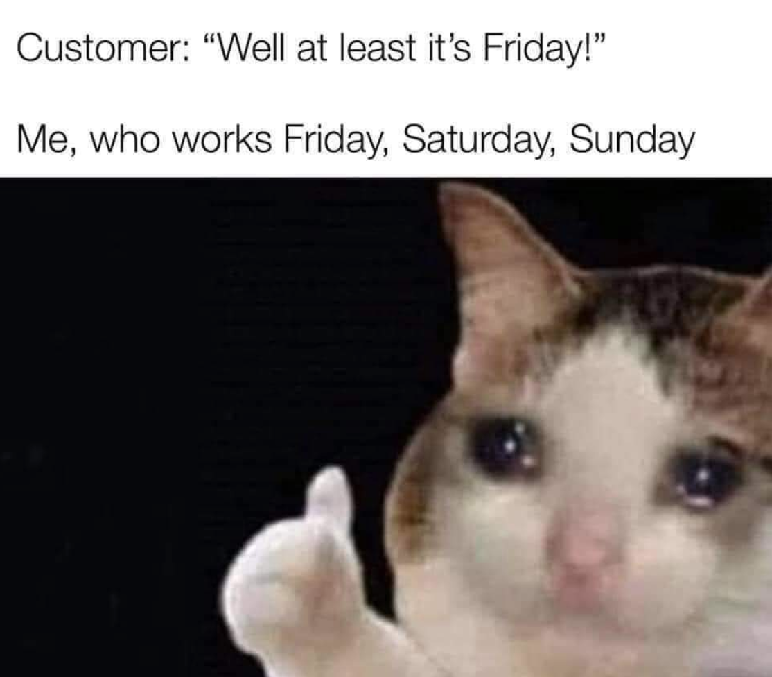 meme that says: "customer: well at least it's friday!"
and below there is a line that says, "me, who works friday, saturday, sunday," and a picture of a sad cat with a thumbs up.