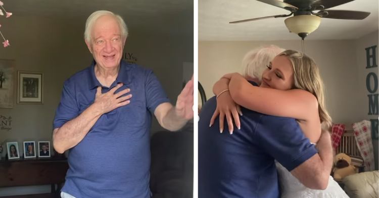 two-photo collage. on the left there is a picture of grandpa dean standing by his door, and on the right there is a picture of grandpa dean hugging his granddaughter