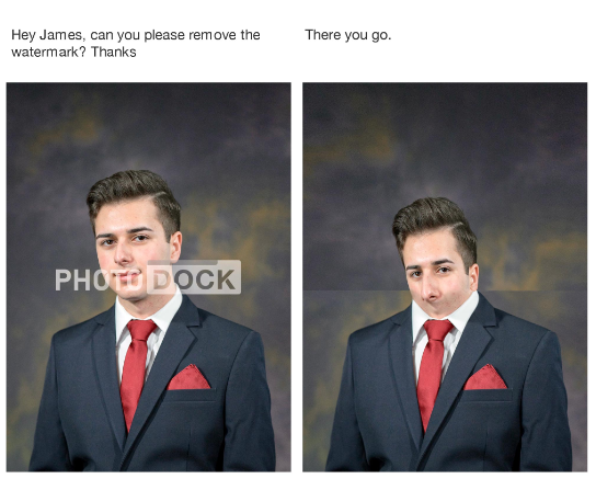 portrait with a watermark gets edited to remove watermark. Editing removes part of subject's face