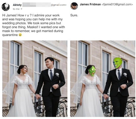 on left is a bride and groom. on right is same bride and groom wearing green masks from The Mask.