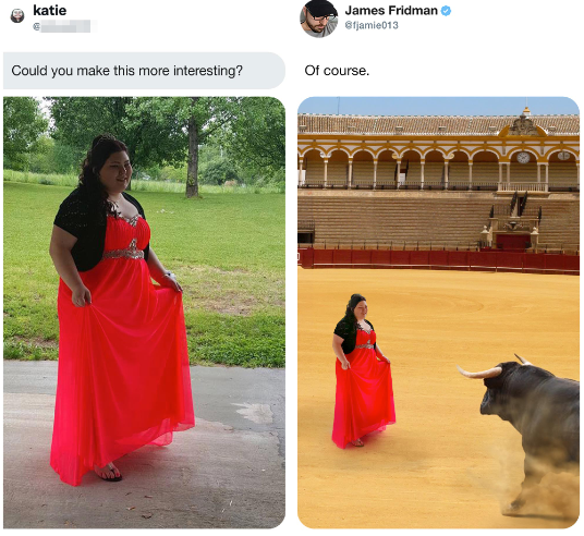 girl in red dress edited to look like a red flag in a bull fight