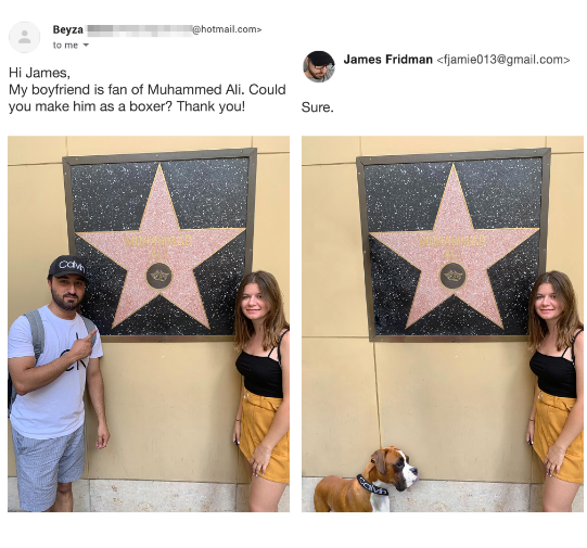 Photoshopped image : on left is a man and his girlfriend posing with Hollywood star. Second photo shows man turned into a boxer dog.