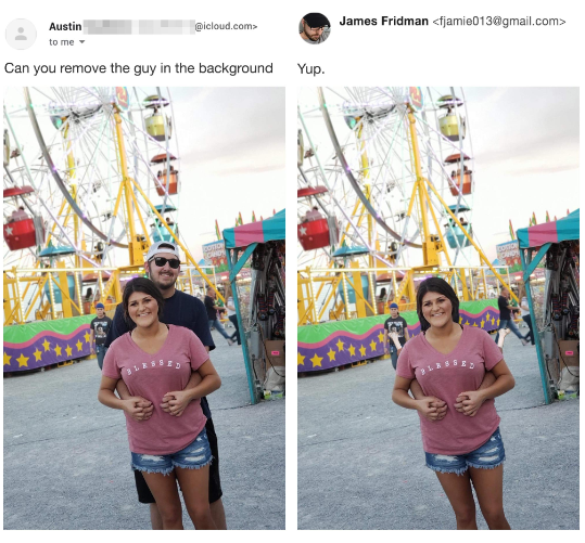 photo of a man and girl in front of a ferris wheel. Second pic shows guy removed by his hands remain.