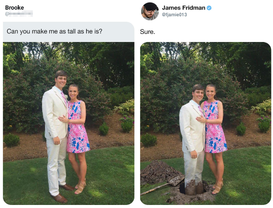picture of a couple dressed in nice clothes. Second pic shows guy standing in a hole so he's same height as girl