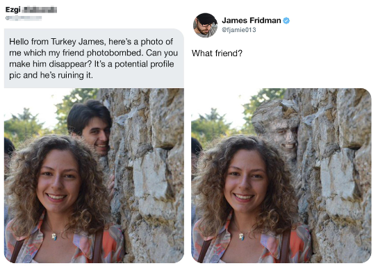 girl with guy photobombing her. Second picture shows guy turned into stone so he blends in