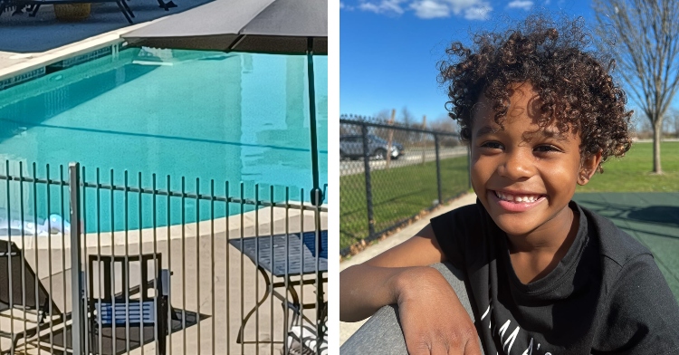 a two-photo collage. the first is of a swimming pool and the second is a closeup of massiah browne smiling while standing outside.