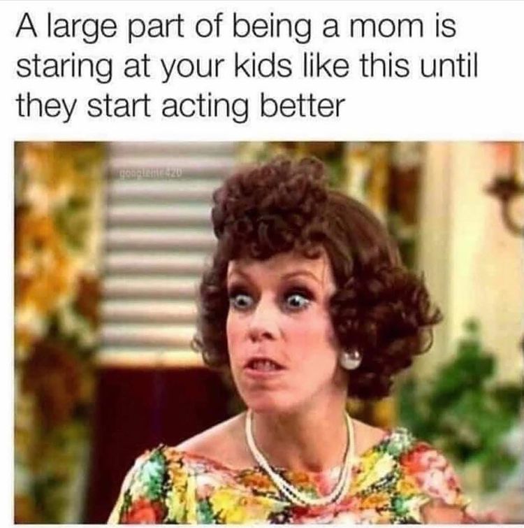 picture of Carol Burnett making stern face. text says: a large part of being a mom is staring at your kids like this until they start acting better.