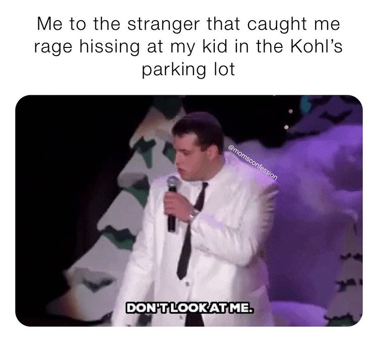 meme that says: me to the stranger that caught me rage hissing at my kid in the Kohl's parking lot. Image shows man saying "shh" to someone off camera.