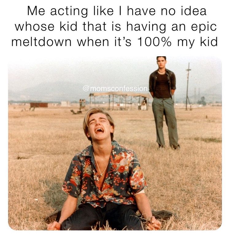 meme showing a man watching a teen on his knees who is crying. Text says: "me acting like I have no idea whose kid that is having an epic meltdown when it is 100% my kid"