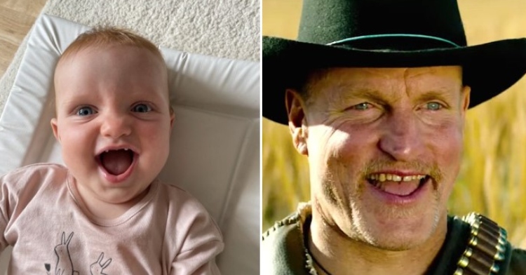 a two-photo collage. the first is of dani grier mulvenna's baby, cora, smiling with mouth wide open. the second is of actor woody harrelson smiling with his mouth wide open. the two of them look weirdly similar in these photos.