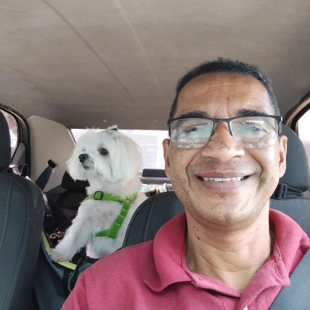 Hamilton Taurino in car with little white dog