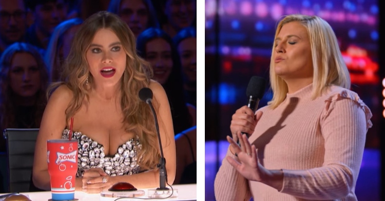 a two-photo collage. the first is of sofia Vergara with her mouth agape from surprise as she watches emily bland sing. the second is of emily bland singing. her eyes are closed and she’s reaching out with one hand.