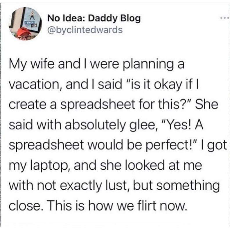 Meme about husband and wife who flirt by making spreadsheets for their vacation. "my wife and I were planning a vacation, and i said "is it okay if i create a spreadsheet for this?" she said with absolutely glee, "yes! A spreadsheet would be perfect!" I got my laptop, and she looked at me with not exactly lust, but something close. this is how we flirt now."