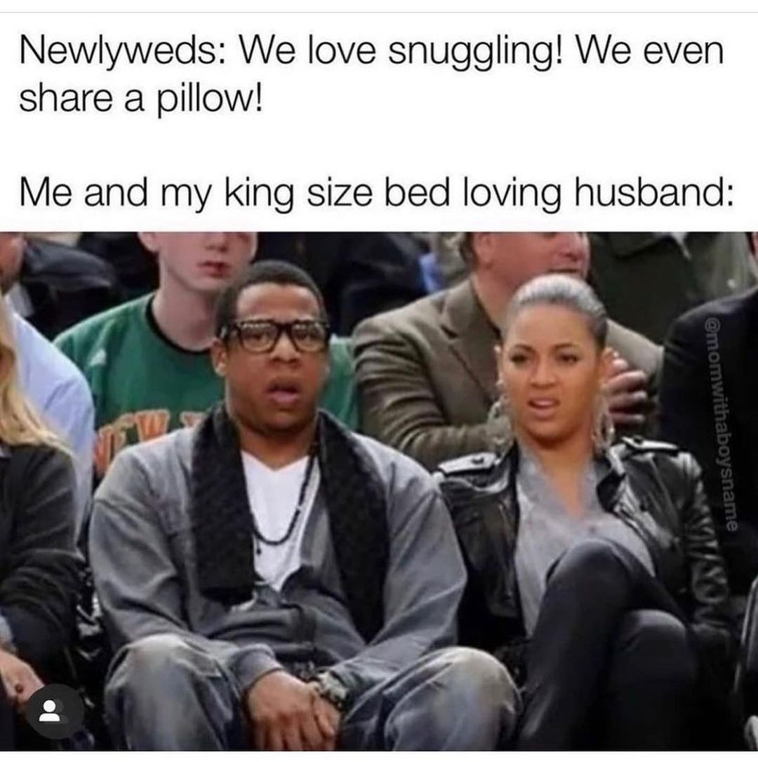 Beyonce and Jay Z making "ew" faces at a professional sports event. Meme says this is the face married couples make when newlyweds say they share a pillow