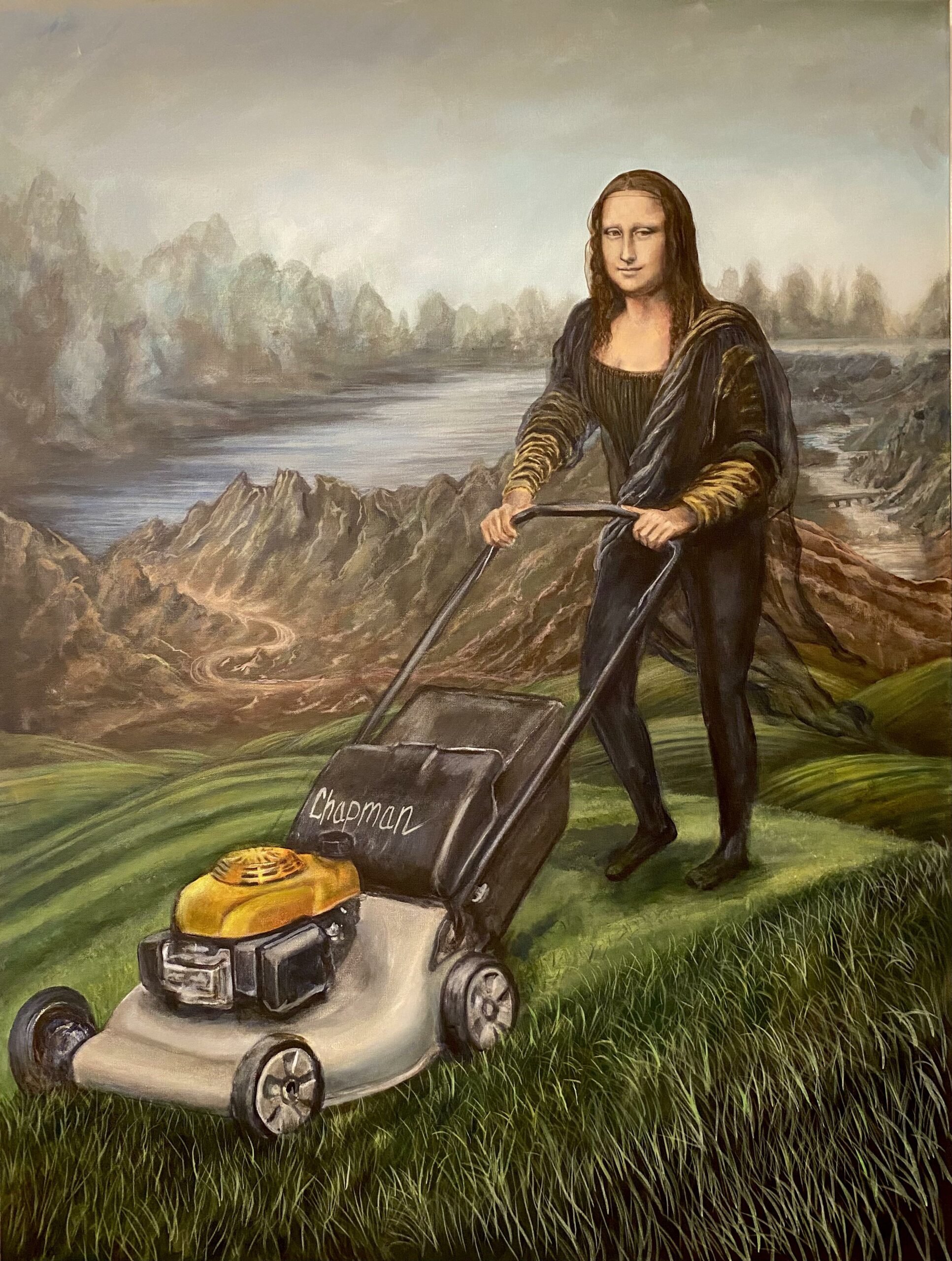 a picture of the mona lisa with a grass mower. "the mowna lisa."