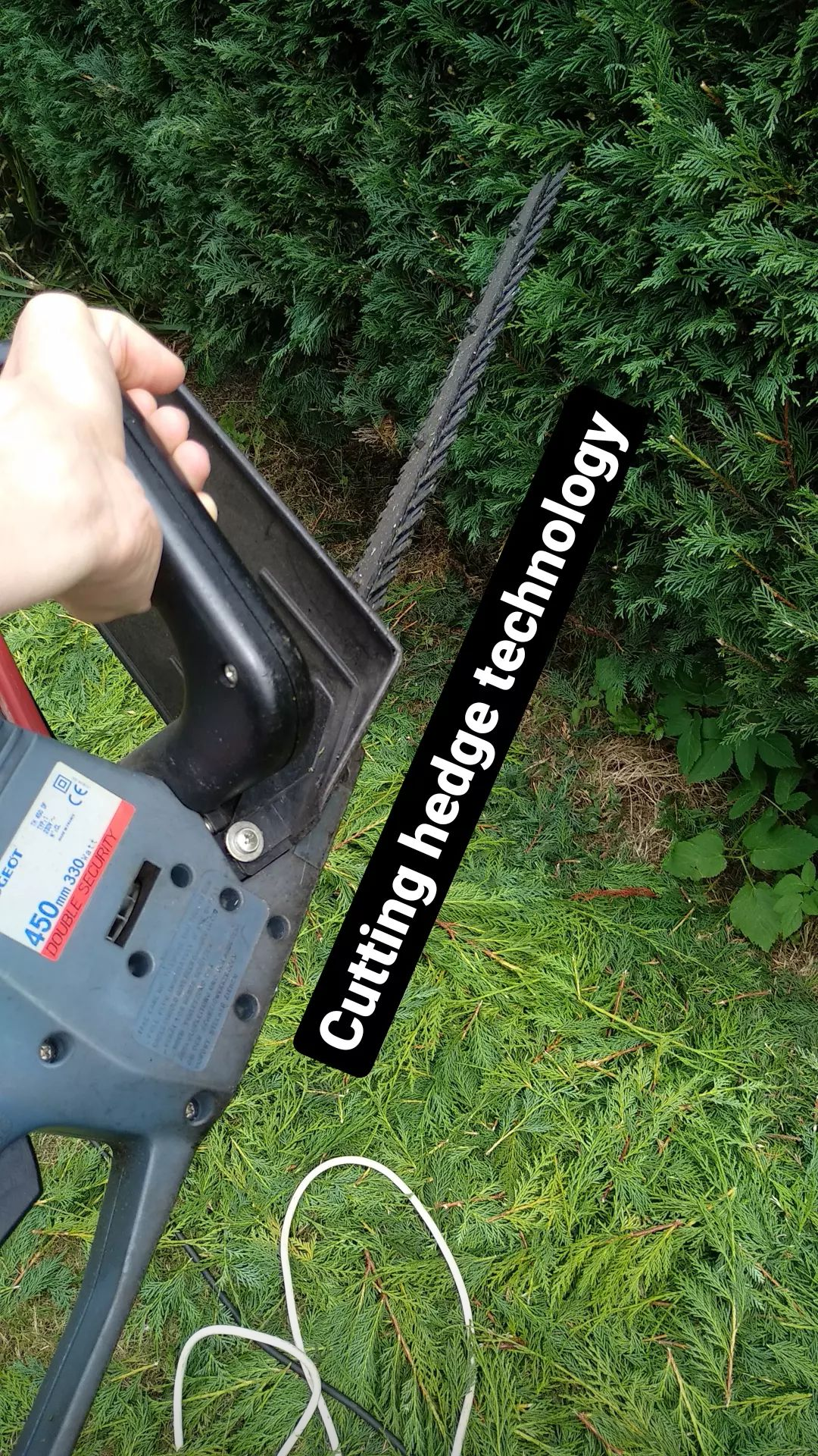 a picture of a hand holding a hedge trimmer and a caption that says "cutting hedge technology"