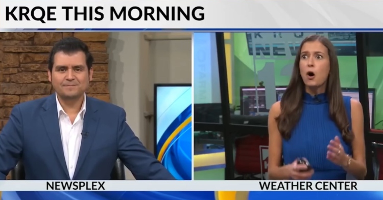a screenshot from a live newscast. the top of the screen reads “krque this morning.” in one screen is a news anchor with a serious look on his face. in another screen is a meteorologist looking shocked, eyes and mouth wide open.