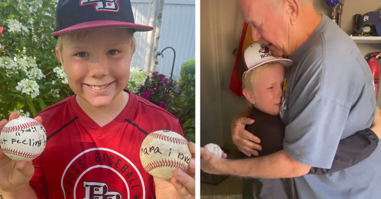 two-photo collage. on the left there is a picture of felix wearing his baseball uniform and holding his two home run balls that he signed. on the right there is a picture of his grandpa hugging him and holding his signed ball
