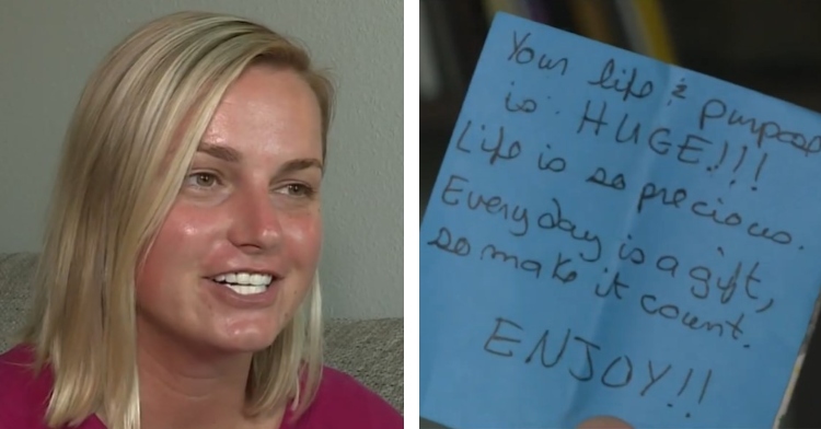 a two-photo collage. the first is devon linden smiling as she talks with the local news about the kind stranger who gave her $100 and a note. the second is a closeup of a note devon linden got from a stranger. the note is blue and on it is written, "your life and purpose is huge!!! life is so precious. every day is a gift, so make it count. enjoy!!"