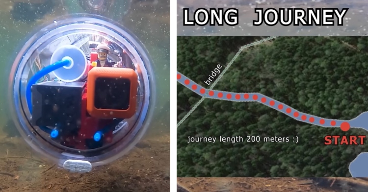 a two-photo collage. the first is a front-facing view of a lego submarine in a river. the second is a screenshot of a map showing the route the lego submarine will take. it’s captioned “long journey.”