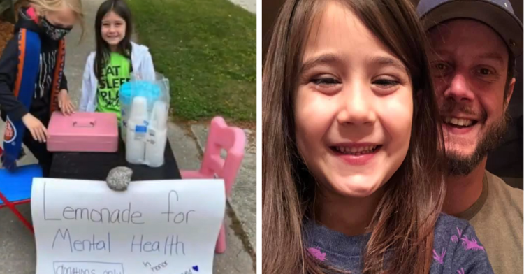 a two-photo collage. on the left there is a picture of Kyleigh outside with her lemonade stand. on the right there is a picture of Kyleigh and her late father.