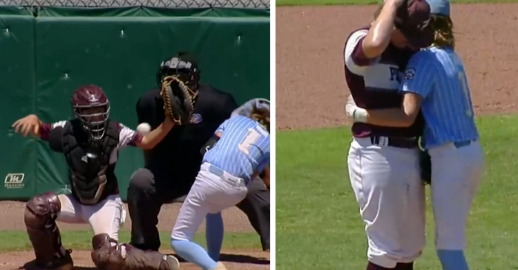 two-photo collage. on the left there is a picture of a baseball hitting the batter named isaiah. on the right there is a picture of isaiah hugging kaiden, the pitcher who hit him.