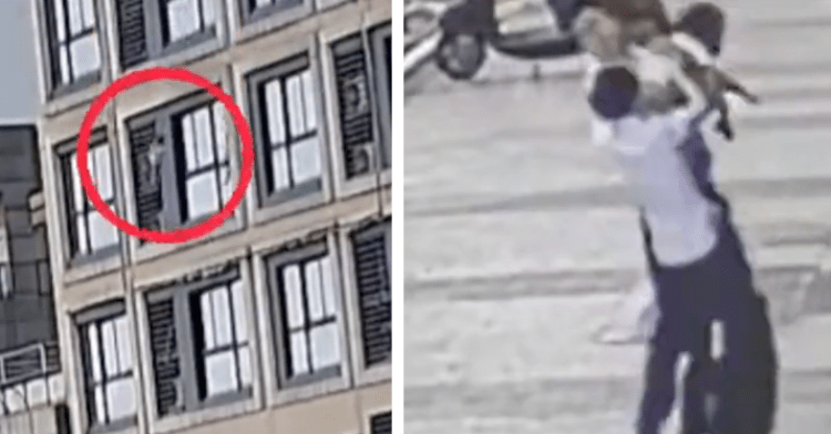 a two-photo collage. on the left there is a picture of the toddler falling from the building and on the right there is a picture of shen dong and another woman catching the baby in their arms.