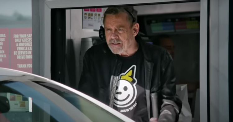 mark hamill speaking to a customer at the jack in the box drive-thru window