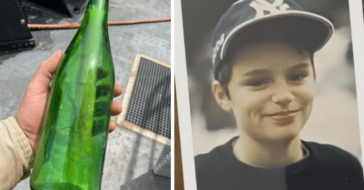 a two-photo collage. on the left there is a picture of a green glass bottle with a message inside, and on the right there is a picture of Brian Dahl in 1989.