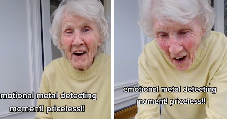a two-photo collage of ms. brown looking very surprised after finding out a man had recovered her lost engagement ring.