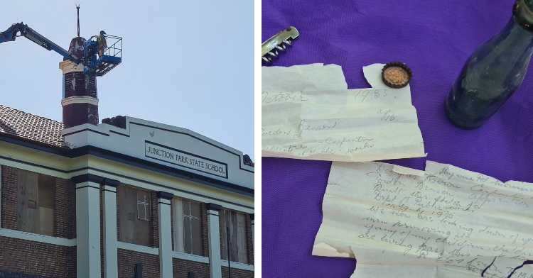 a two-photo collage. the first is view of junction park state school from the front. someone in a lift is working at the building’s spire. the second is an older letter from 1935, written by gordon benson. the letters are laying on a purple table cloth next to the old, green bottle it was in and the bottle's cap.