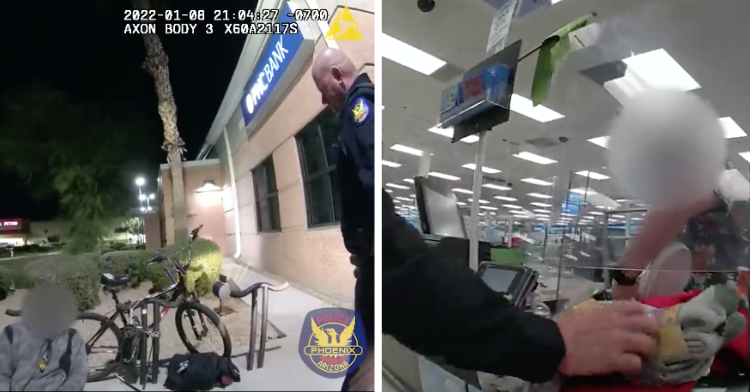 a two-photo collage. on the left there is a picture of a cop talking to a homeless man in the street. on the right there is a picture of that same cop paying for clothing at a store cashier.