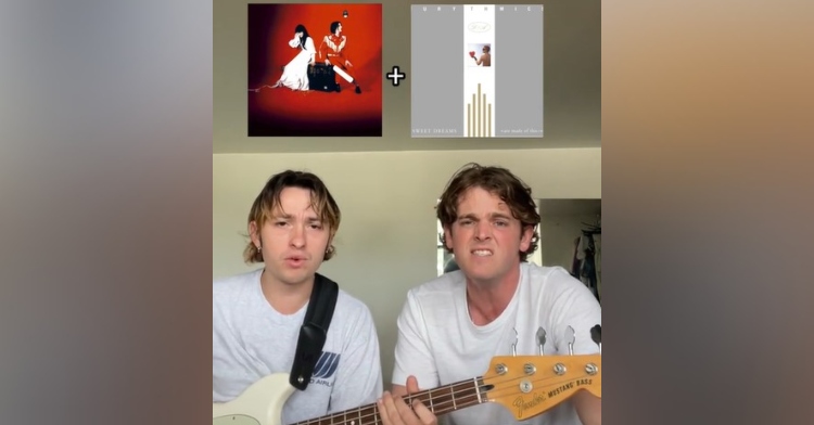 two men in the band ray ban singing. one of them is also playing a guitar. above them, album covers from the white stripes and eurythmics have been edited in with a plus sign between them.