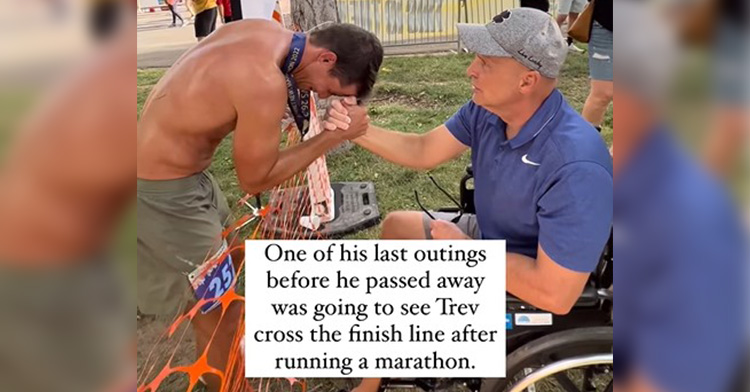 trevor and bob obray each holding each other by the hand. bob is sitting in a wheelchair. trevor has his face resting on their hands as he holds back tears. edited onto the photo are these words: one of his last outings before he passed away was going to see trev cross the finish line after running a marathon.