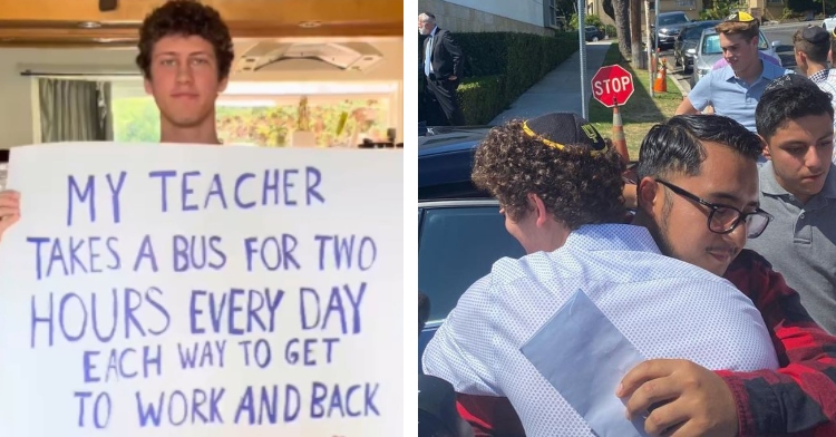 Teacher Julio Castro hugs students who raised money to buy him new car