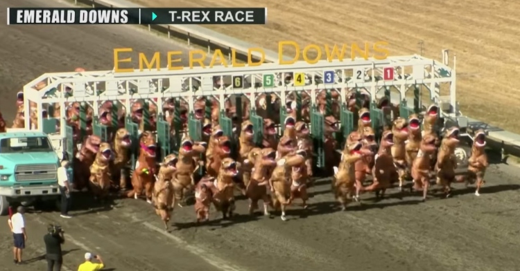 people in t-rex costumes running out of the gates at emerald downs for their 2022 t-rex race.