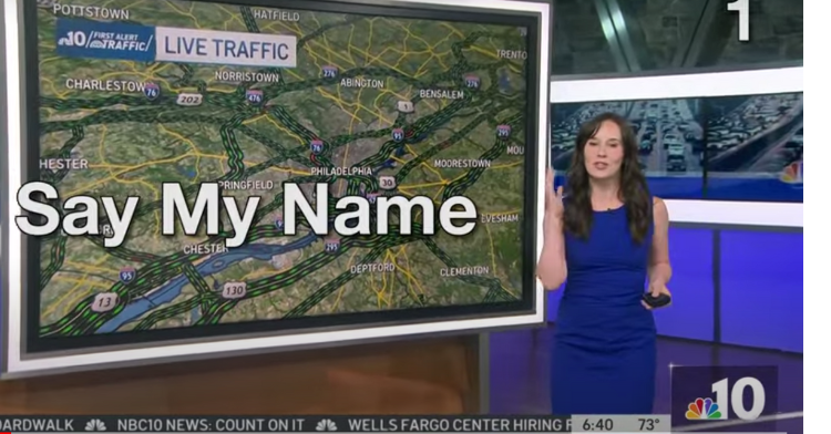 traffic reporter sheila watko presenting her report that says "say my name."