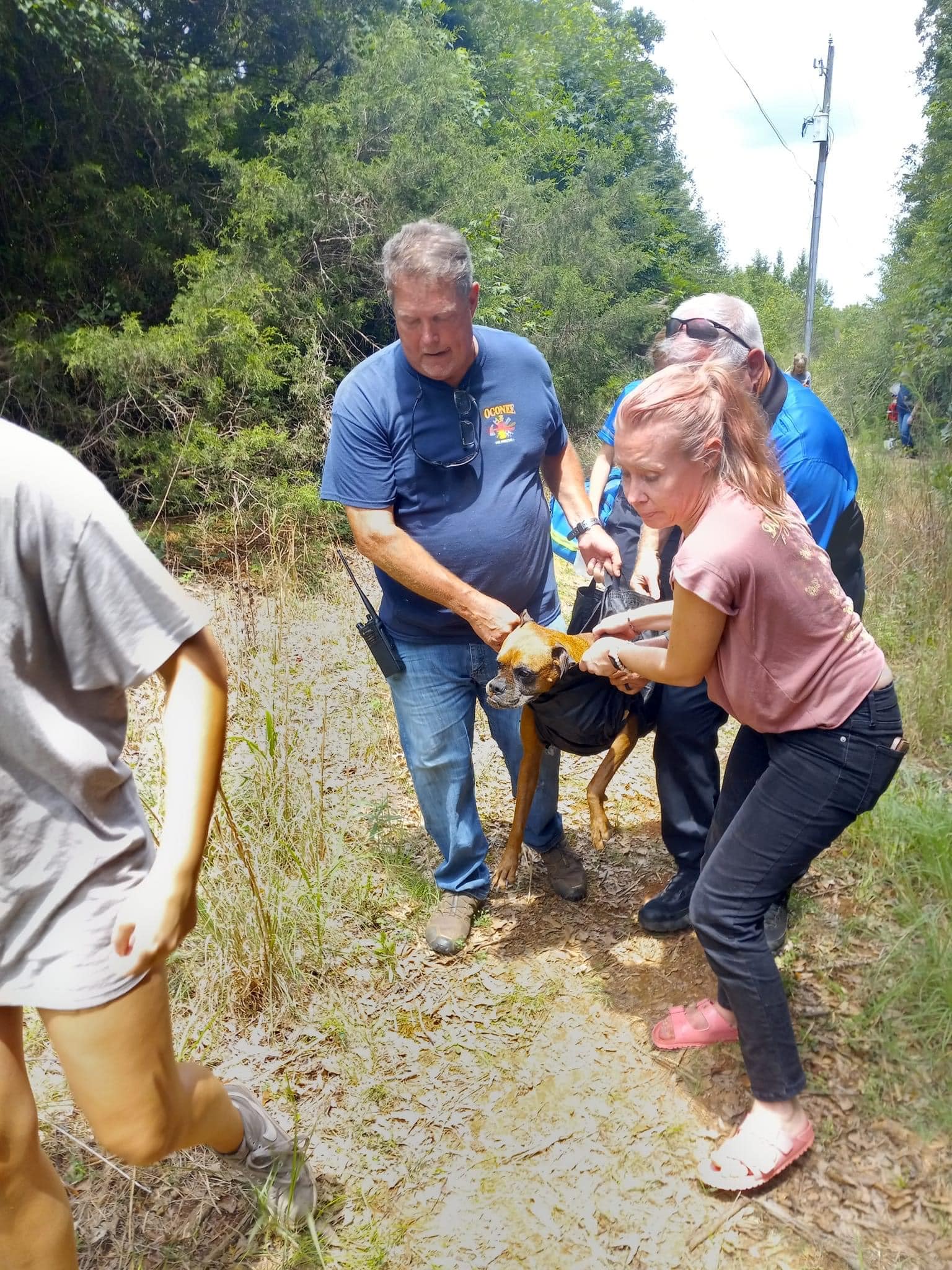 animal rescuers carry weakened dog to safety after he was trapped inside a deep well