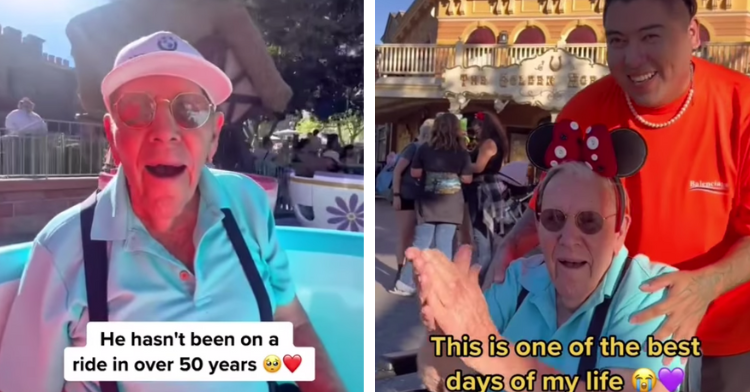 a two-photo collage. on the left there is a picture of a 100-year-old veteran looking happy while he rides in the disneyland's teacup ride. on the right there is a picture of isaiah garza and the 100-year-old wearing mickey mouse ears.
