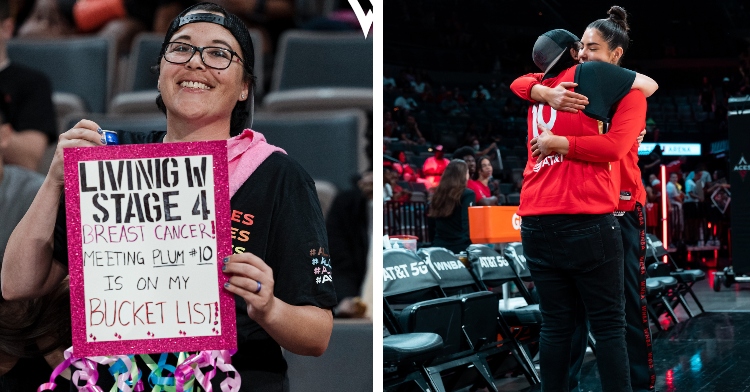 Ashley Ahrens hugs Kelsey Plum after her sign went viral