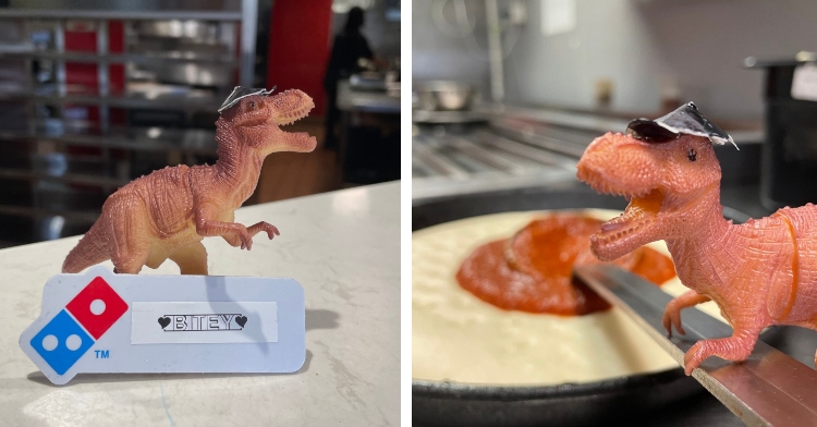 Bitey the dinosaur toy works at Domino's for the night