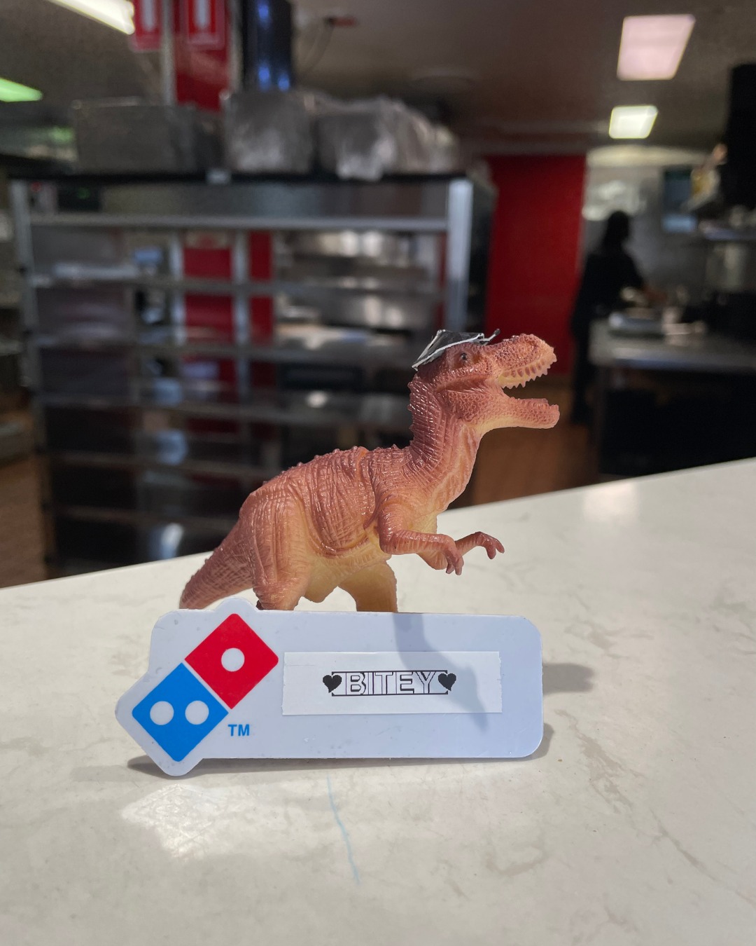 Bitey the toy dinosaur placed on a counter. A Domino's name tag with "Bitey" and two hearts is leaning against him.