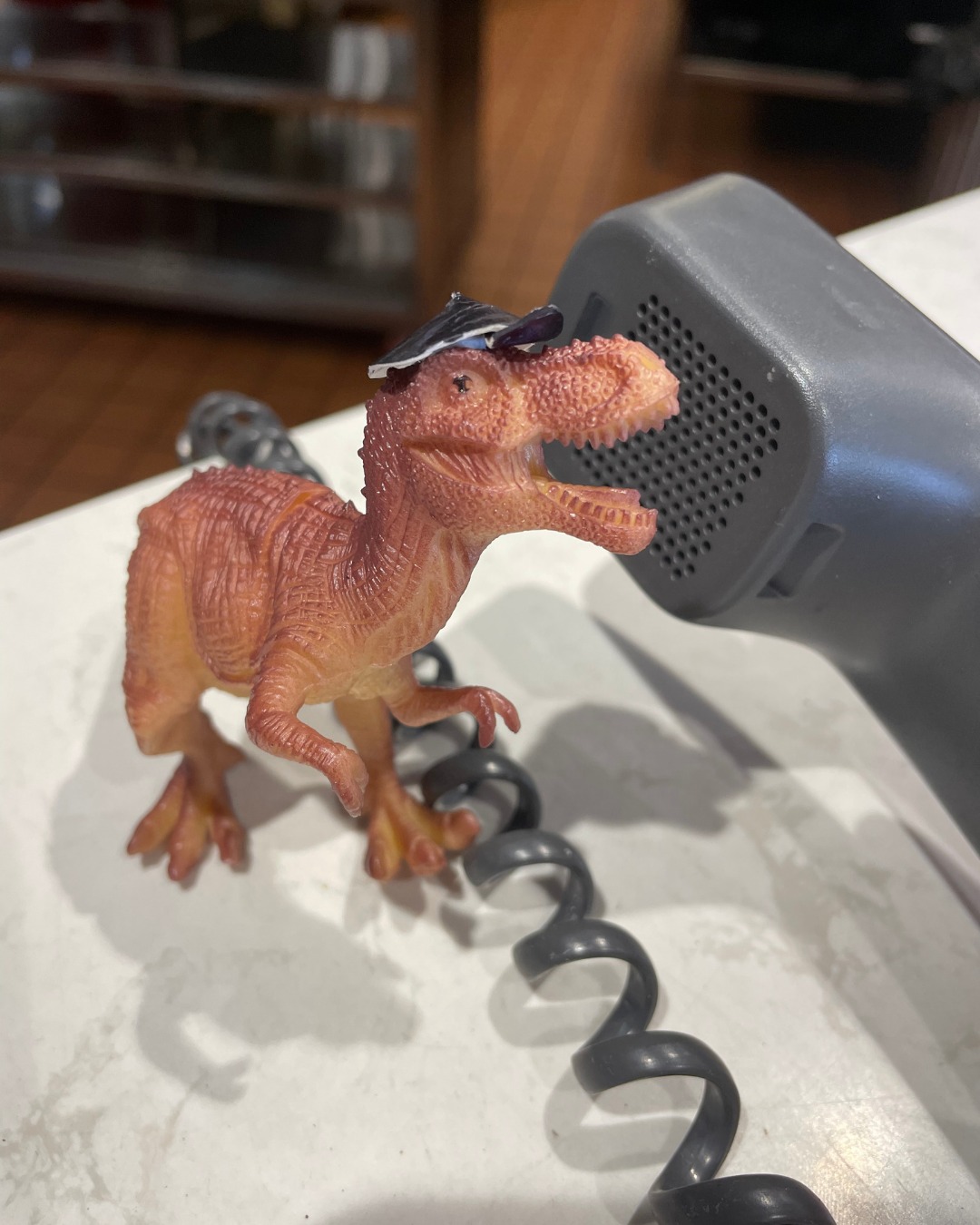 Bitey the toy dinosaur answering the phone at Domino's pizza.