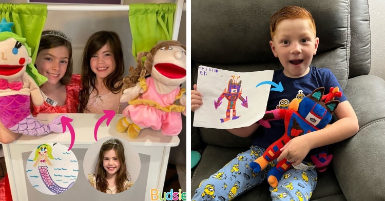 two little girls and a boy hold up their drawings and corresponding Budsies toy.
